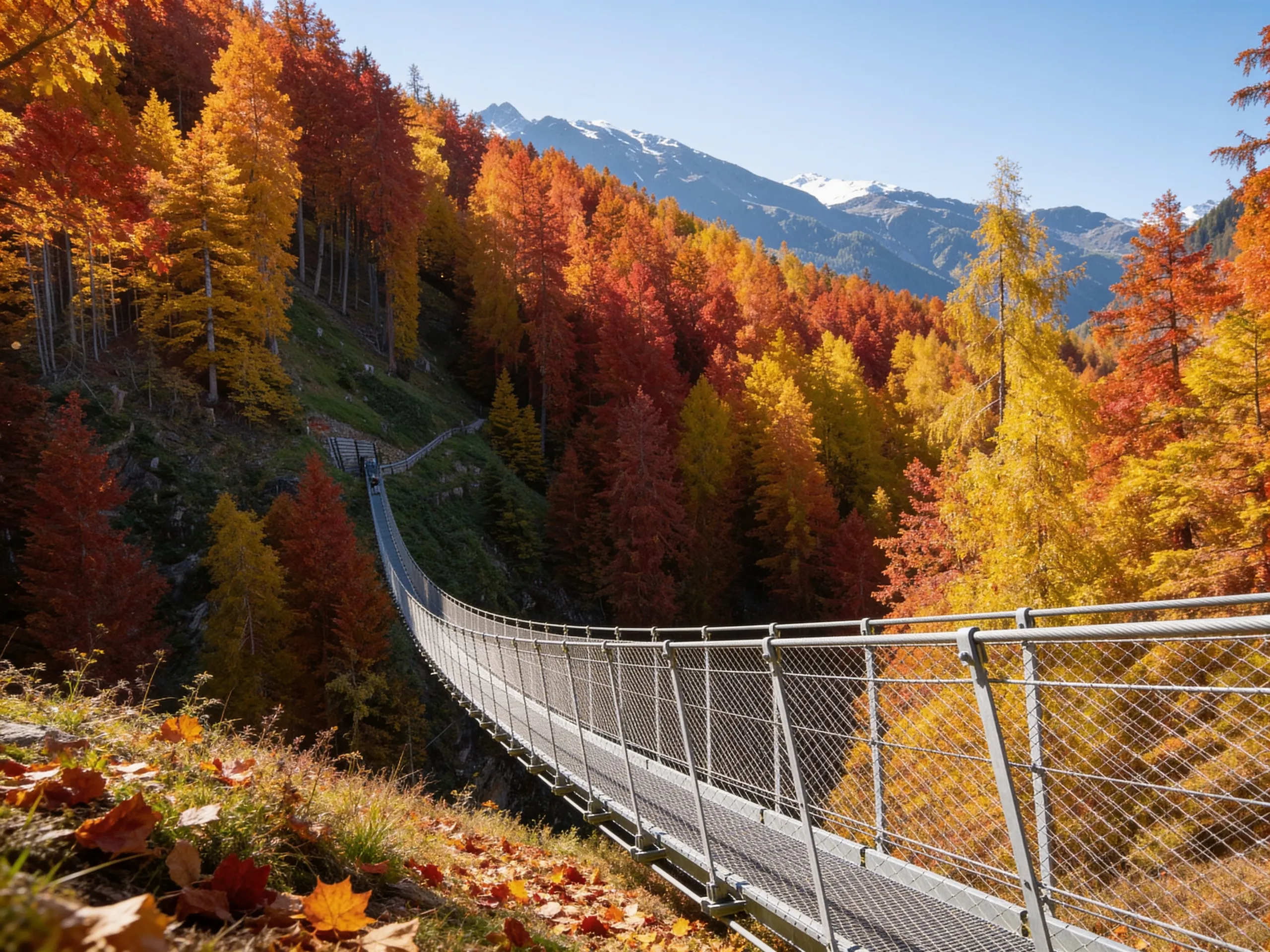 Ponte sospeso tra i larici in autunno