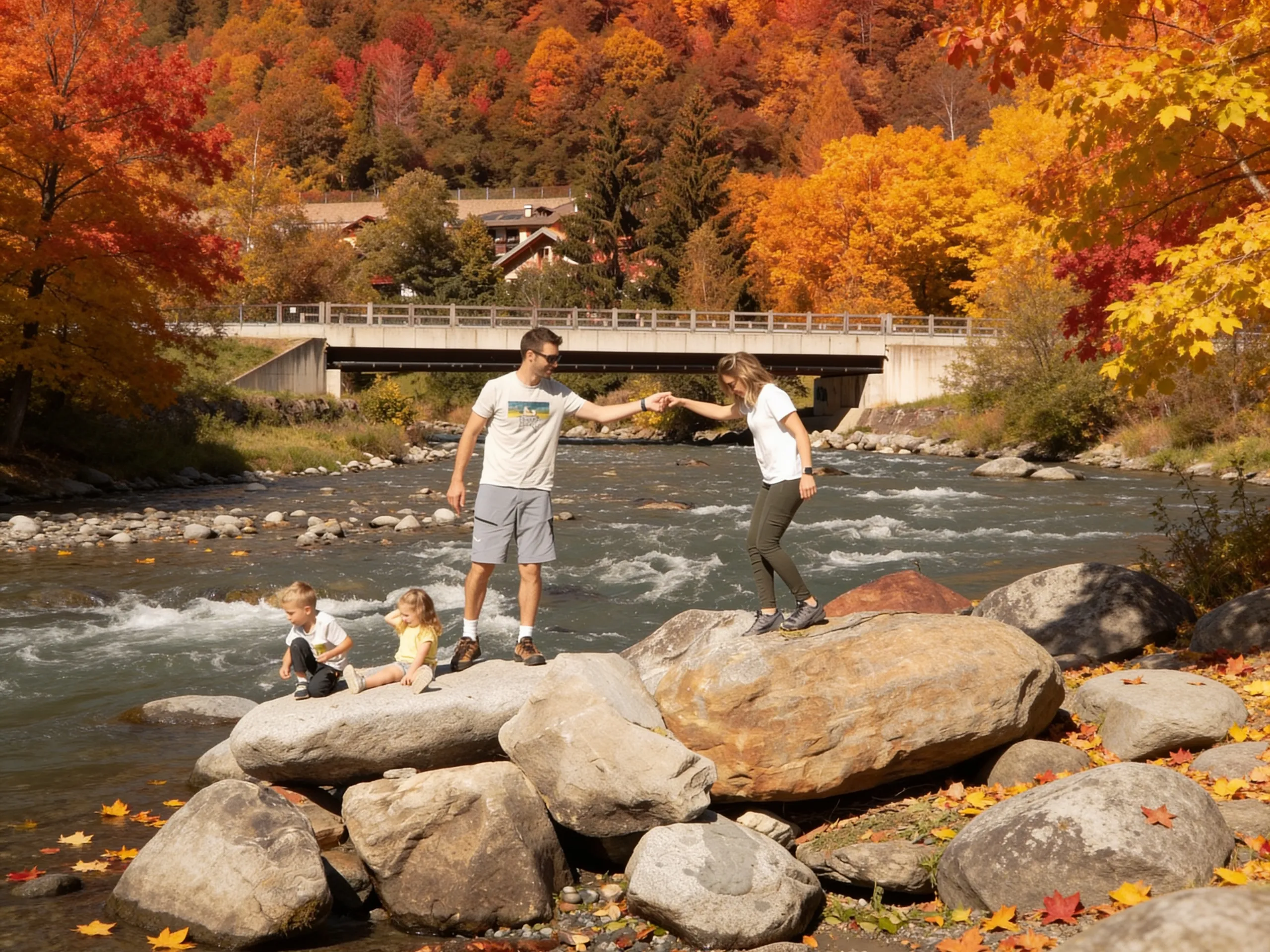 Famiglia sul torrente in autunno